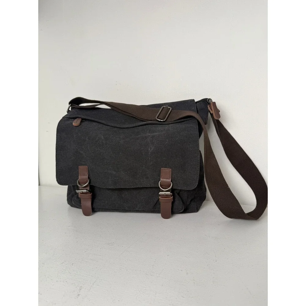 Canvas Messenger Bag Charcoal Gray Crossbody Laptop Satchel Multi-Pocket Utility